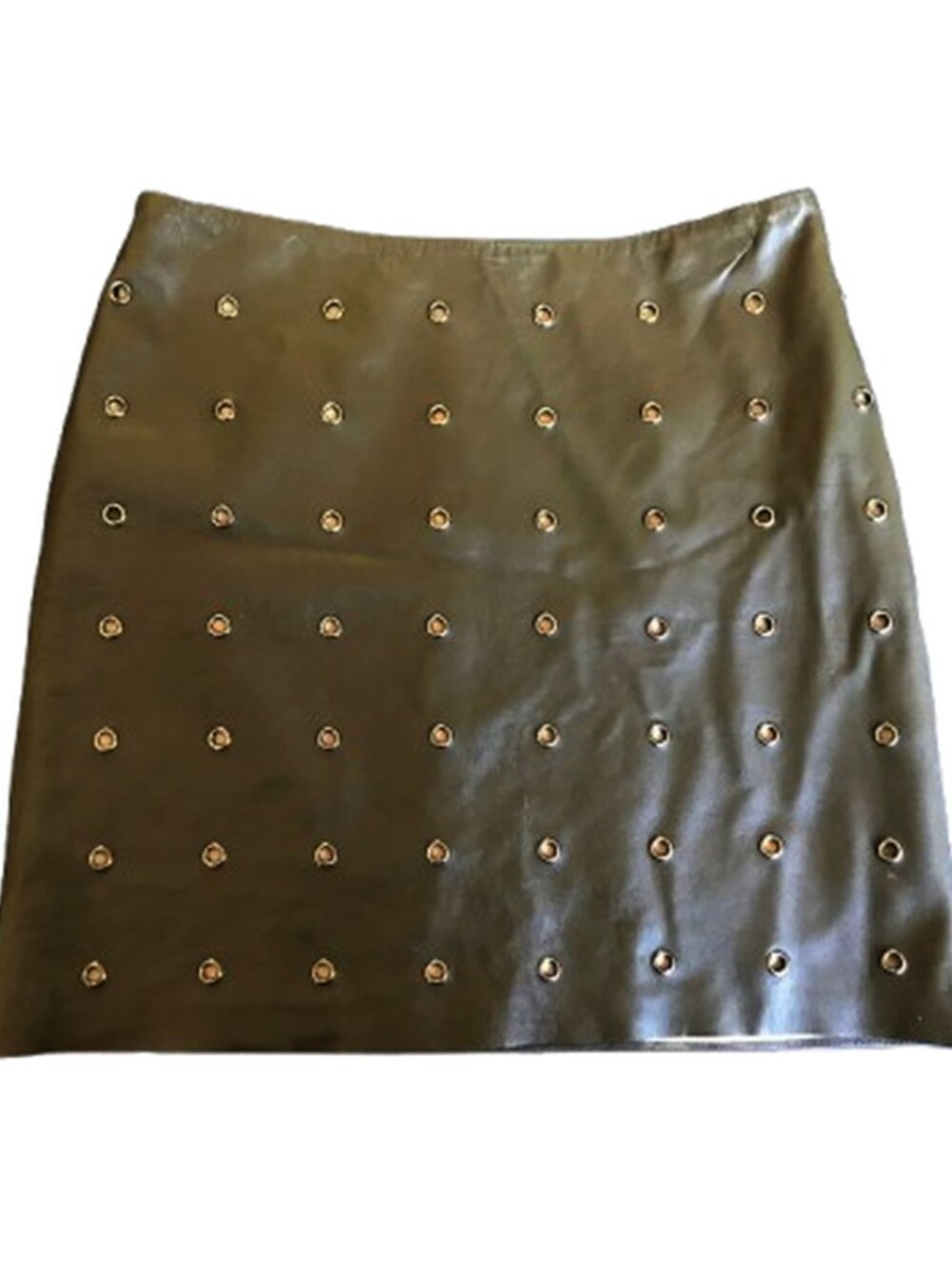 Lord & Taylor Identity Olive Green Leather Skirt Grommet Studded, Size 4